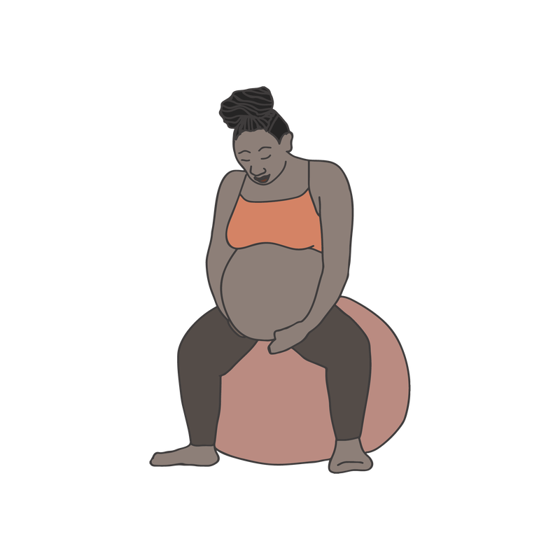An illustration of a pregnant person in an orange bra top and brown leggings sitting on a yoga ball while holding their belly.