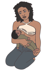An illustration of a parent in a cream colored halter top and dark grey pants kneeling and nursing their baby.