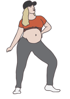 An illustration of a pregnant person in an orange crop top and grey sweat pants dancing.