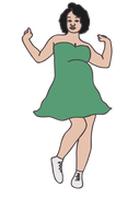 An illustration of a pregnant person in a green dress dancing.