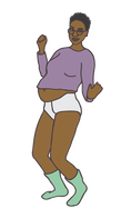 An illustration of a pregnant person in a purple shirt and white underpants dancing.