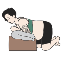 An illustration of a pregnant person in a green sports bra and black shorts resting on their hands and knees.