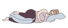An illustration of a pregnant person in a lavender tank top and brown leggings resting in a side lying position with pillows supporting their knees and head.