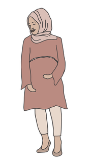 An illustration of a pregnant person in a mauve dress and lighter pink hijab.