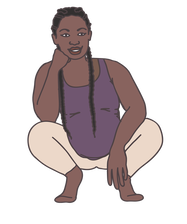 An illustration of a pregnant person in a purple tank top and cream colored leggings resting in a squat.